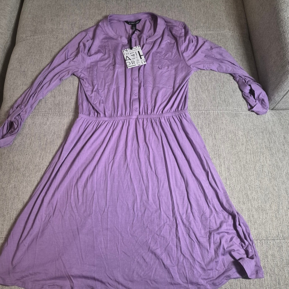Hawthorn Womens Purple Knit Shirt Dress Elastic Waist Button Tab Sleeve Size m